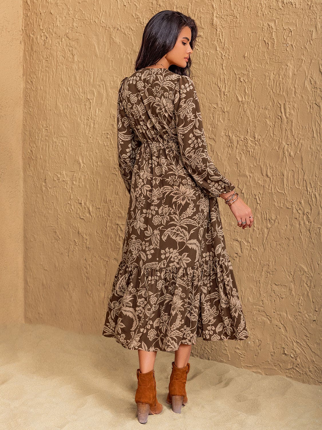 Ruffled and Ruched Printed V-Neck Midi Dress