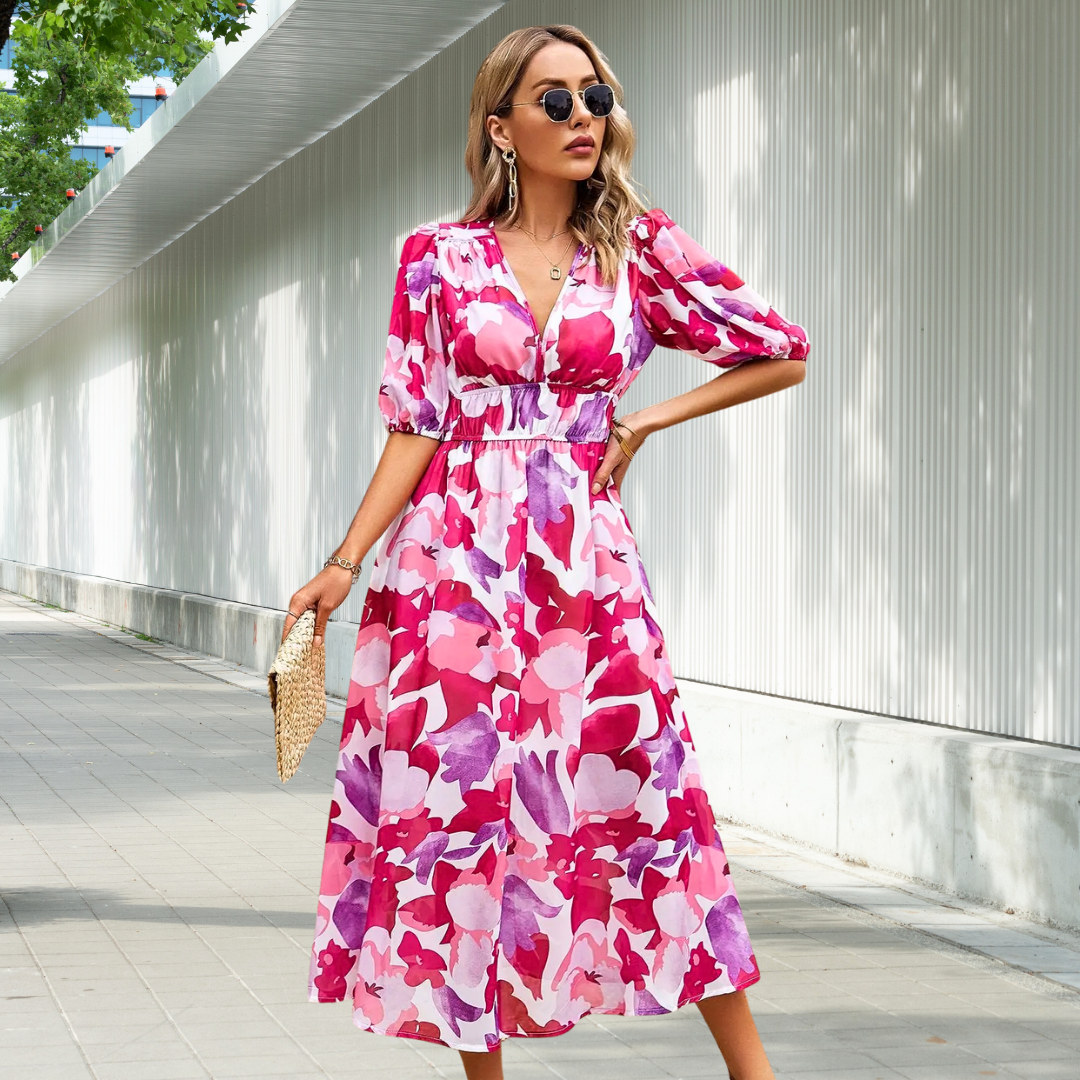 Elegant Midi Dress With Puffed Sleeve